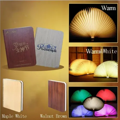 5 colors, automatic color changing, 3D Folding Creative LED Night Light RGB Color USB Recharge Wooden Book Light