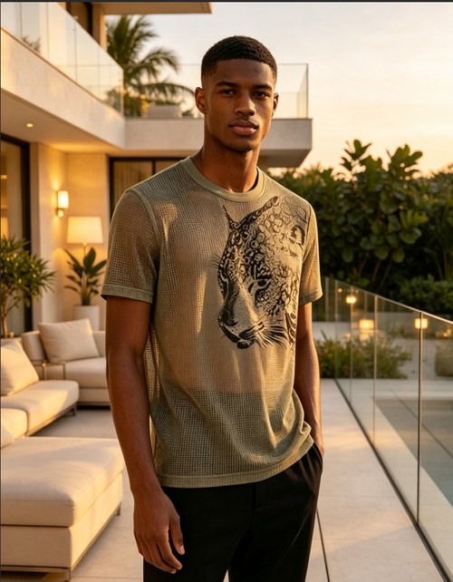 Men Textured Mesh Leopard Graphic Short Sleeve T-Shirt