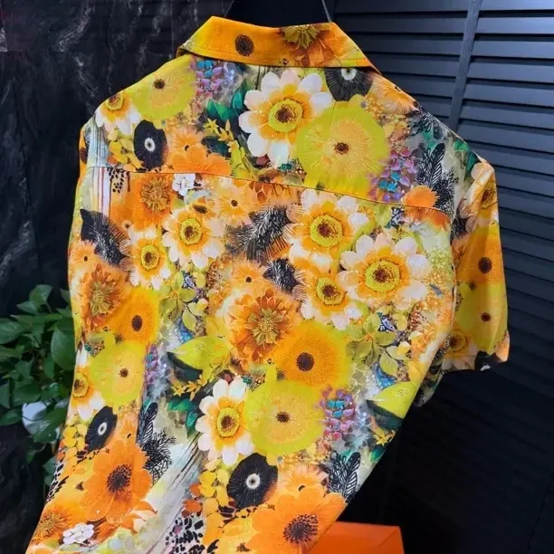 Sunflower-print retro Cuban-collar shirt