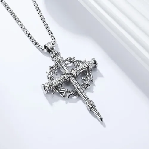 Thorn Wreath Cross Pendants Stainless Steel Artistic Retro Men Personality Fashion Necklaces Jewelry