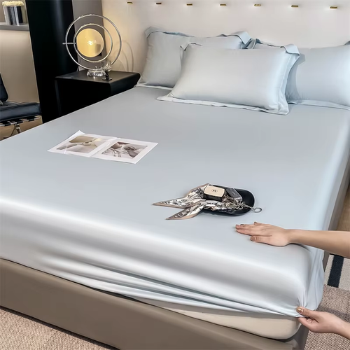 ✨ 3-Piece Ice Silk Fitted Sheet Set, 1 Fitted Sheet + 2 Pillowcases, Silky Smooth Cooling & Breathable Bed Sheets with Stretchy Elastic Fit for 10–18cm Mattresses