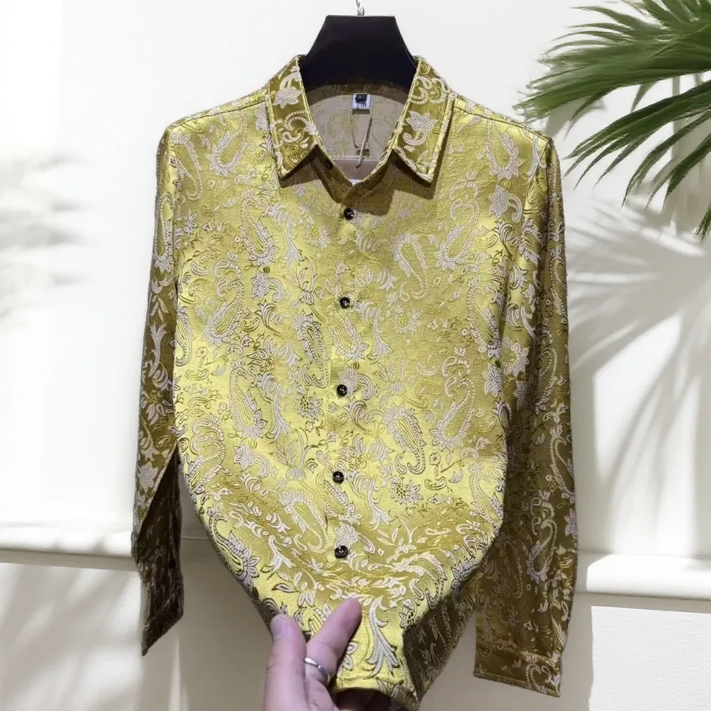 Gold Paisley Velvet-Patterned Long-Sleeve Shirt