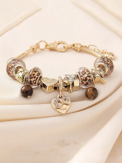 Stylish Leopard Print Butterfly Heart Bracelet Shiny CZ Star Charm Bracelet Women Trendy Daily Party Jewelry
