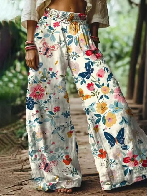 Casual Loose Elastic Waist Pocket Women's Straight Leg Casual Pants Summer Fashion Printed Pants Casual Wide Leg Pants For Women