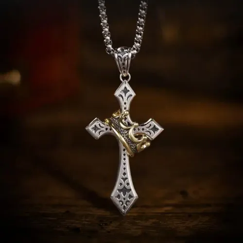 Stainless Steel Punk Cross with Crown Pendant Necklace for Men Women