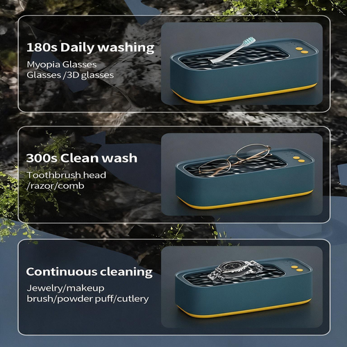 Portable Ultrasonic Cleaner—a compact device for cleaning eyeglasses, using high-frequency vibration to clean jewelry, glasses, dental aligners, and more.