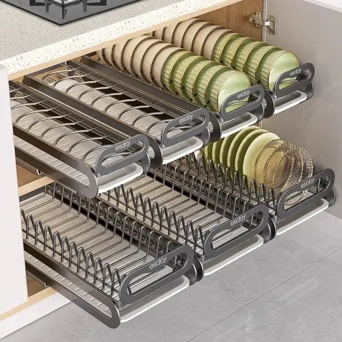 1PC  Drawer Style Drainage Rack Pull Out Sliding, Kitchen Organizer for Cabinet, Dish Bowl Storage Basket with Drying Tray