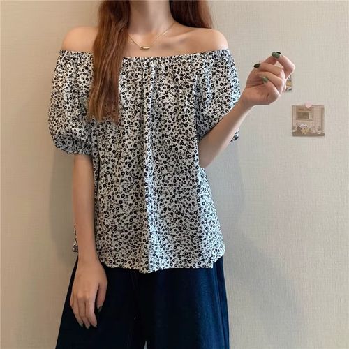 Floral Print One-Shoulder Short-Sleeve Women's Shirt Sexy Clavicle Exposure Design Sensual Summer New Style Bangkok Style