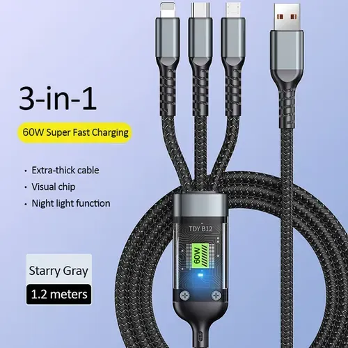 Transparent Luminous Charging 3-in-1 Data Cable
