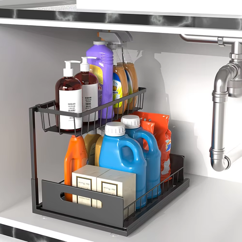 2-Tier Sliding Under Sink Organizer, Rustproof Metal Storage Rack for Kitchen & Bathroom Cabinet