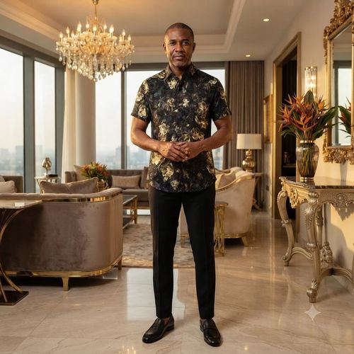 Short-sleeved shirt with a vintage golden rose print.