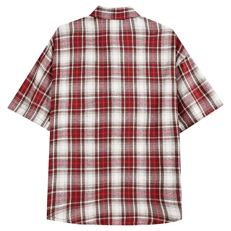 Retro Cleanfit Plaid Short Sleeve Shirt Men Summer Loose Casual Brushed High Street Checkered Shirt Trendy Polyester