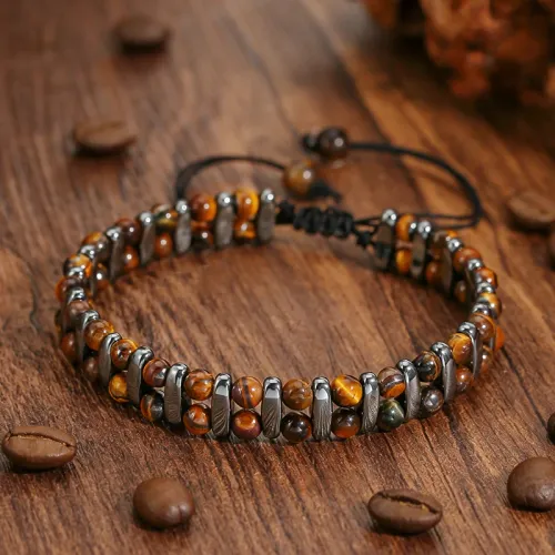 Hand Woven Double Row Natural Tiger's Eye Hematite Bracelet Punk Style Beaded Bracelet Unisex Hand Jewelry