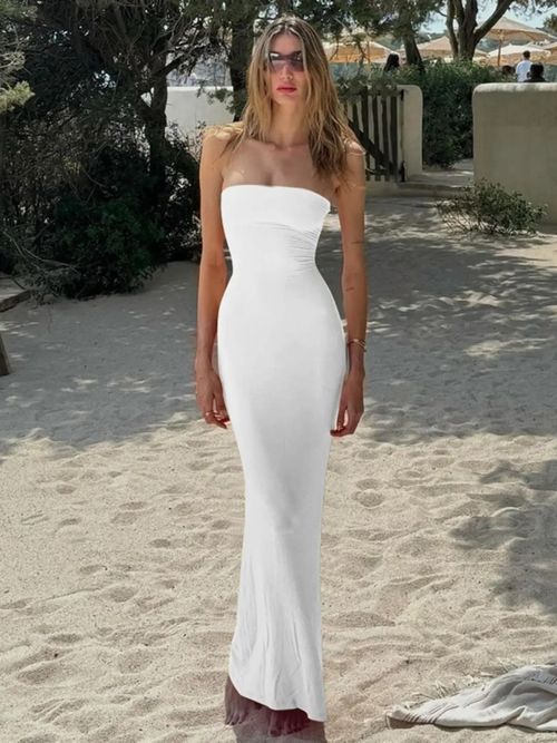 Women's Solid Backless Lace-Up Tie-Back Bodycon Dress Elegant Fashion Maxi Tube Dress for Parties, Clubs and Dates Ladies Strapless Prom Dress for Summer