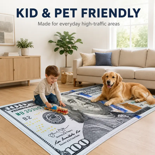 Cotton Flat Weave Home Decorative Rug - $100 Bill Print, Anti-Shrink, Washable, Non-Slip Rubberback Floor Runner, Modern Multicolor, for Bedroom, Hallway
