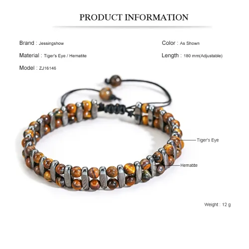 Hand Woven Double Row Natural Tiger's Eye Hematite Bracelet Punk Style Beaded Bracelet Unisex Hand Jewelry