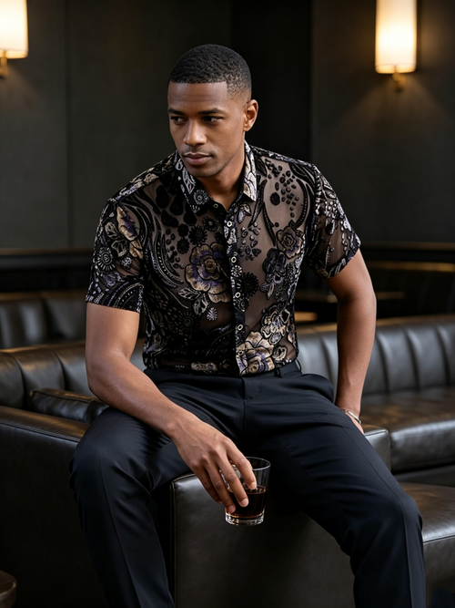 High end velvet crochet men's top