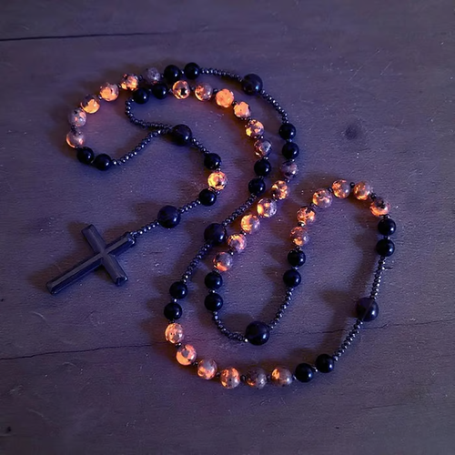 Natural Obsidian Yooperlite Rosary Necklace, UV Reactive Energy Protection Healing Crystal