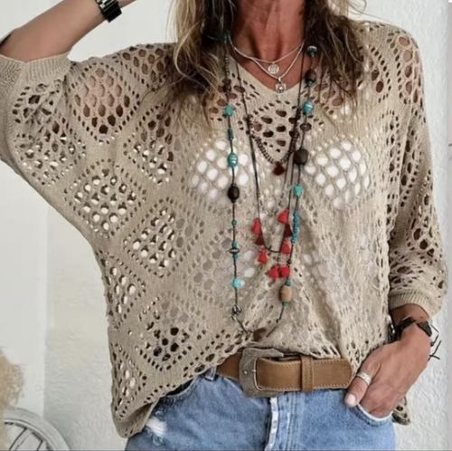 🥰Summer Sale-50% OFF💛Womens Bohemian-Inspired Beige Crochet Top With V-Neck
