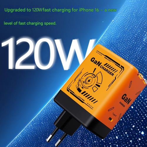 The fastest 120W gallium nitride (GaN) fast charger, with a retractable data cable, in orange.