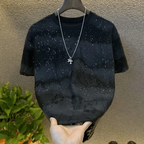 Summer Tear Men Clothing Summer Rhinestone Rivet T-shirt Round Neck Casual T-shirt