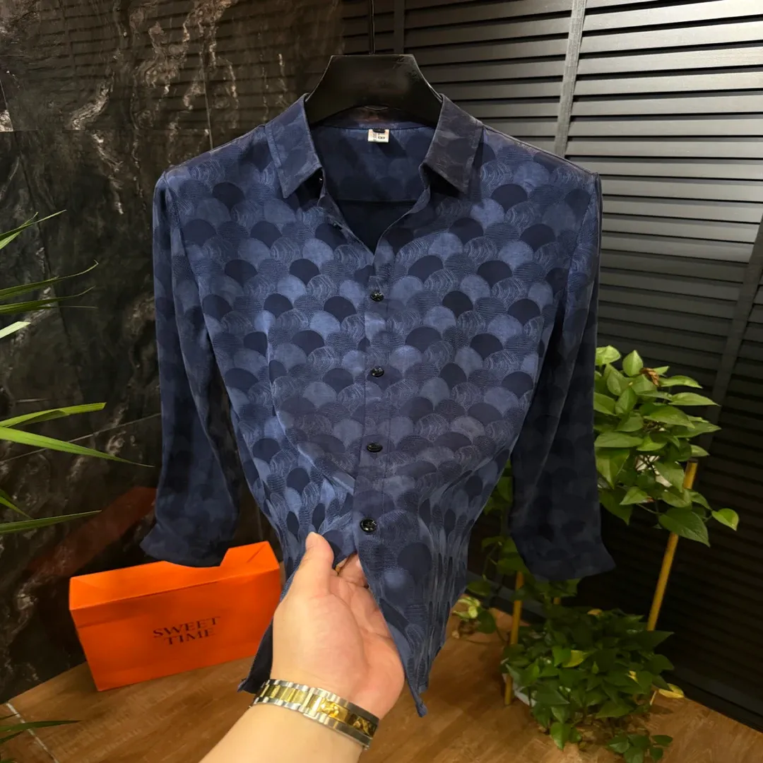 Men's Blue Satin-Weave Long-Sleeve Shirt