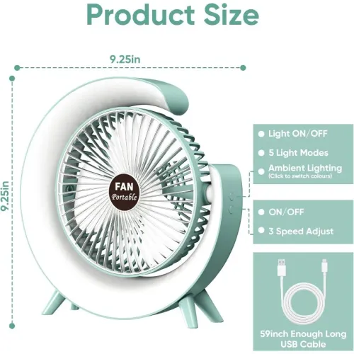 USB Rechargeable Fan Portable Fan LED 7 Colors Electric Fan Adjustable Summer Camping Fans 3 Speeds Fan Air Circulating Desk Fan