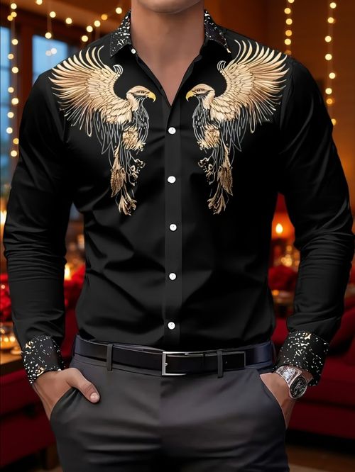 Men's Fashion Long-Sleeve Shirt with Gold Eagle Print