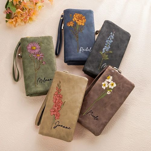 Custom Name Watercolor Birth Flower Tri-Fold Wristlet Wallet, Leather Card Holder with Wrist Strap