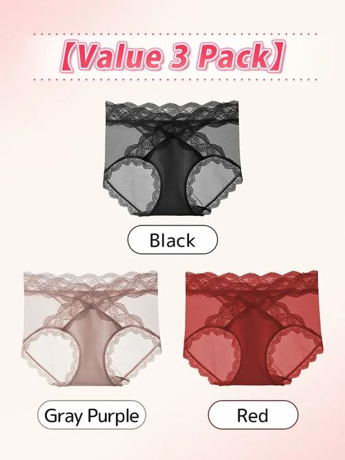 Set of 3 sexy lace panties with criss-cross waist design, comfortable and breathable, with an extended silk crotch.