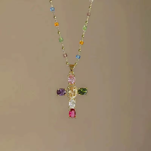 Fashion Colorful Zircon Cross Pendant Necklace for Women Luxury Crystal Golor Color