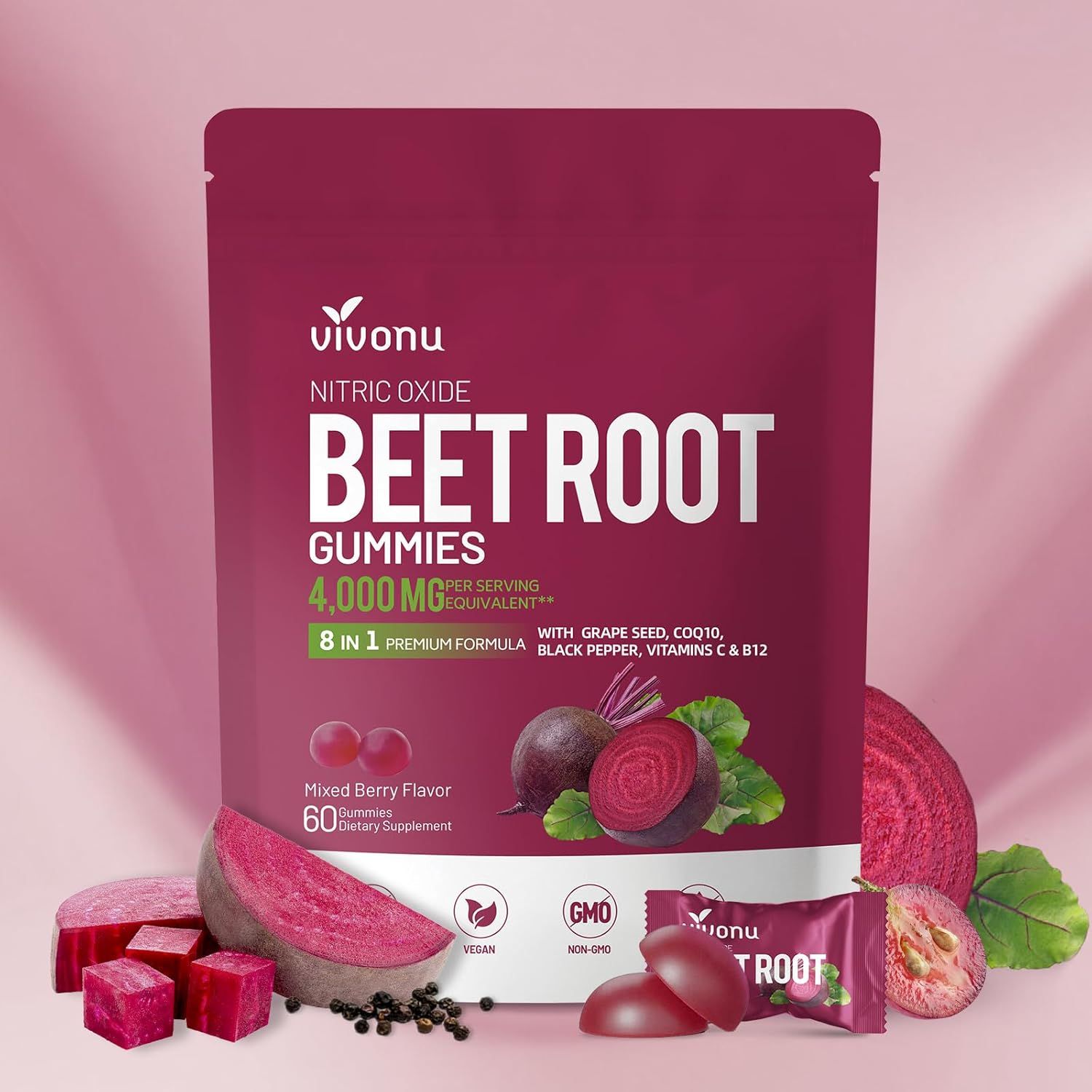 Beet Root Gummies 8-in-1 Premium Energy Supplement with CoQ10, Beetroot Extract, Grape Seed Extract, Black Pepper Extract, Vitamins C & B12, L-Arginine & L-Citrulline
