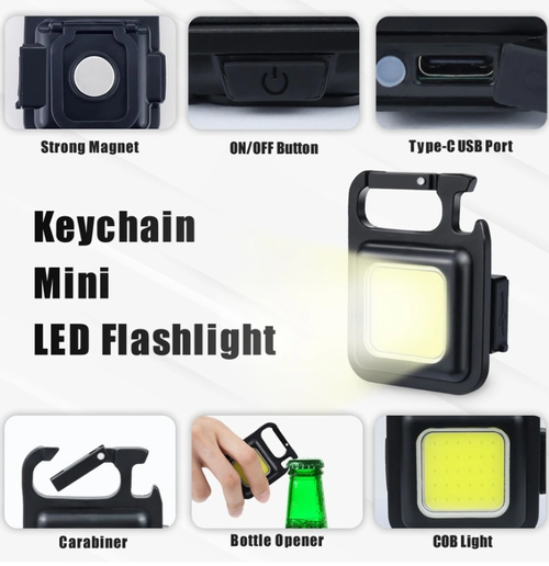 Soseelnee COB Keychain Light,Rechargeable Led Small Flashlight 500 Lumens Bright 4 Light Modes Pocket Emergency Work Light with Corkscrew & Magnet Base for Indoor Outdoor Use (Yellow-Pack 1)