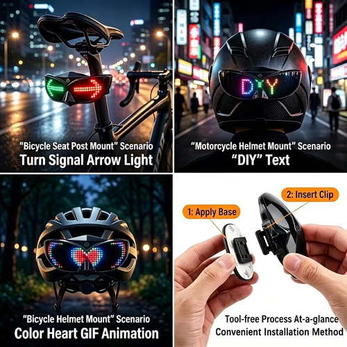 Intelligent automatic braking sensor light, supports text input via mobile phone, dynamic eye GIF, detachable rechargeable taillight, outdoor cycling taillight, can be installed on cycling helmets, suitable for various types of helmets and bicycles.
