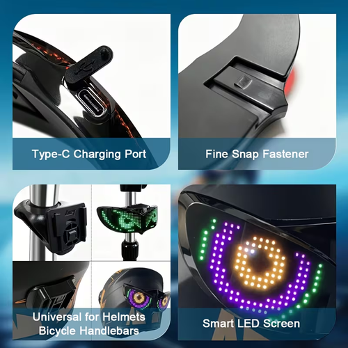 Intelligent automatic braking sensor light, supports text input via mobile phone, dynamic eye GIF, detachable rechargeable taillight, outdoor cycling taillight, can be installed on cycling helmets, suitable for various types of helmets and bicycles.