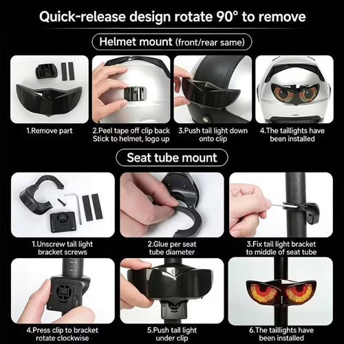 Intelligent automatic braking sensor light, supports text input via mobile phone, dynamic eye GIF, detachable rechargeable taillight, outdoor cycling taillight, can be installed on cycling helmets, suitable for various types of helmets and bicycles.
