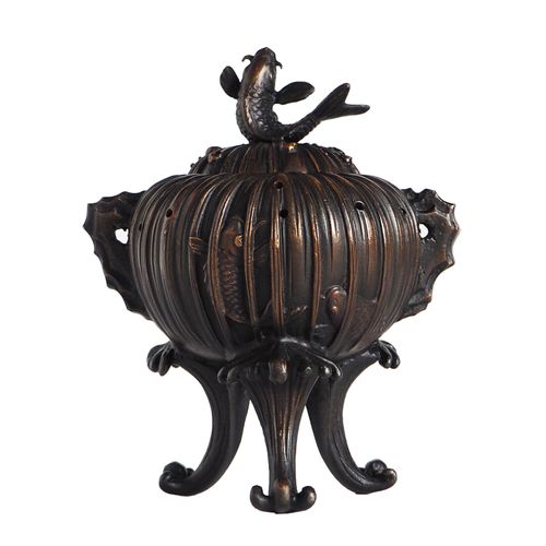 Japanese Copper Incense Burner Koro Carp Climbing Waterfall Koi Fish Dark Brown