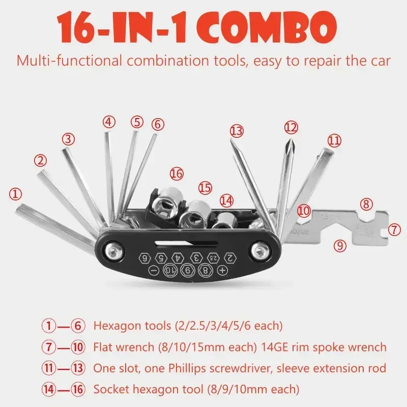 Multifunctional mountain bike repair tool kit, suitable for road bikes and folding bikes.