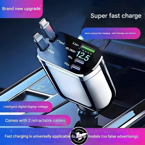 2026New Model Car Charger with Retractable Cable — 120W Super Fast Charging, Dual-Port Cigarette Lighter Adapter (Universal Compatibility)