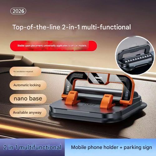 2026 Car Dashboard & Center Console Accessory: 2-in-1 Phone Holder & Parking Number Plate — Anti-Shake, Rotatable, and Portable