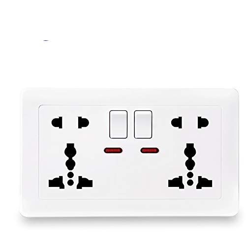 International Universal 5 Hole Dual Socket Rectangular Wall Socket Switch Control with EU Standard 13A Power Outlet White