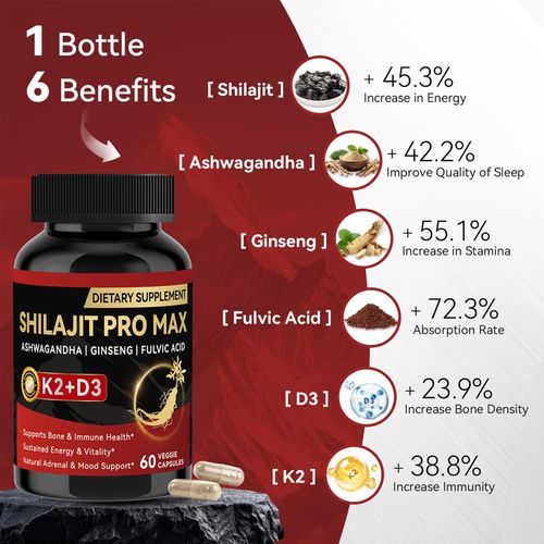 Shilajit Capsules With Ashwagandha Ginseng K2 and D3 for Bone Immune and Energy Support