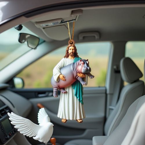 🙏✨2D Jesus & Hippo Hanging Decoration🚗 Perfect Gift of Humor, Love, and Faith