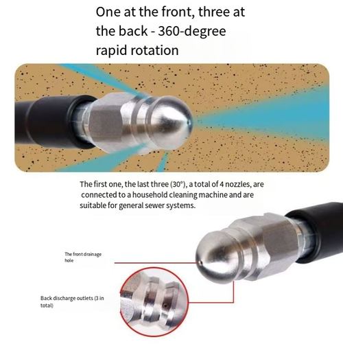This sewer dredge has a triple impact force, known as the Water Rat. It is equipped with a special wear-resistant nozzle, and the water pressure rises instantly. Whether it is clumps of oil, hair, food residues, or stubborn dirt hidden deep in the pipes, they can be accurately penetrated and powerfully flushed out. It can clear the blockage in 10 seconds. The flexible and thickened hose can easily shuttle through various bends and pipes, covering all scenarios.