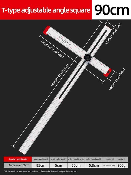 T-shaped Adjustable Angle Ruler: 90cm aluminum alloy ruler, a precision tool for woodworking and decoration. With a T-shaped structure and multi-angle adjustment, it can precisely control to the millimeter level. It is shock-resistant, wear-resistant, and does not cause fatigue when held for a long time. From mortise and tenon to ceiling installation, it helps achieve zero error in craftsmanship and is a reliable partner for artisans to create exquisite works.