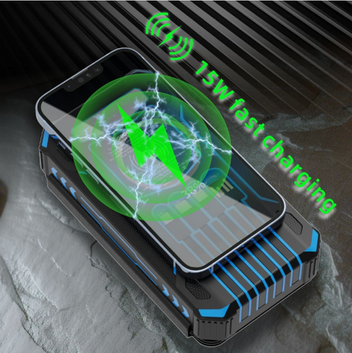 Foldable solar wireless charging battery, dual guarantees of solar power and traditional charging, supports wireless fast charging, with 7 output ports capable of charging 7 devices simultaneously. Foldable and portable, durable and sturdy, it also comes with dual LED emergency lights and SOS warning. It is an all-round power backup for business trips, camping, and group outings.