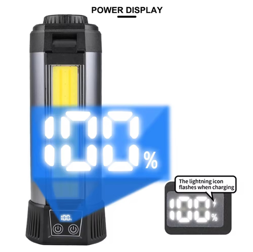 This multi-functional portable work lamp features three COB light sources with sufficient brightness. It can be adjusted horizontally within 300° and vertically within 100° for lighting. The strong magnetic attachment and hidden hook allow you to free your hands. The wireless design comes with a battery level indicator. It is suitable for various scenarios such as auto repair, home decoration, and outdoor use. It is an intelligent and helpful assistant for maintenance lighting.