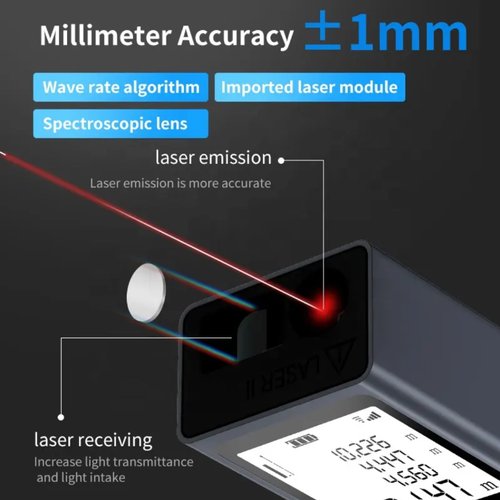 Mini laser rangefinder, with millimeter-level accuracy (±1mm), compact in size and suitable for holding in the palm or storing in a pocket. It supports automatic angle measurement and one-click height measurement. The high-definition backlit screen provides clear readings. It is sweat-proof, corrosion-resistant and durable, making it a pocket measurement expert for decoration, engineering and DIY.