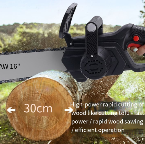 16-inch log cutting electric saw, effortlessly cutting 80cm wood. Large-capacity fast-charging lithium battery, freeing from the constraints of cables. High-hardness quenched chains are wear-resistant and durable, providing strong power. Suitable for various scenarios such as logging, pruning, and board cutting, it is an excellent choice for outdoor operations.