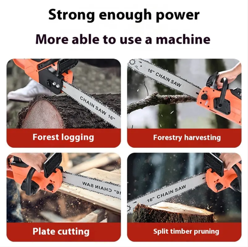 16-inch log cutting electric saw, effortlessly cutting 80cm wood. Large-capacity fast-charging lithium battery, freeing from the constraints of cables. High-hardness quenched chains are wear-resistant and durable, providing strong power. Suitable for various scenarios such as logging, pruning, and board cutting, it is an excellent choice for outdoor operations.